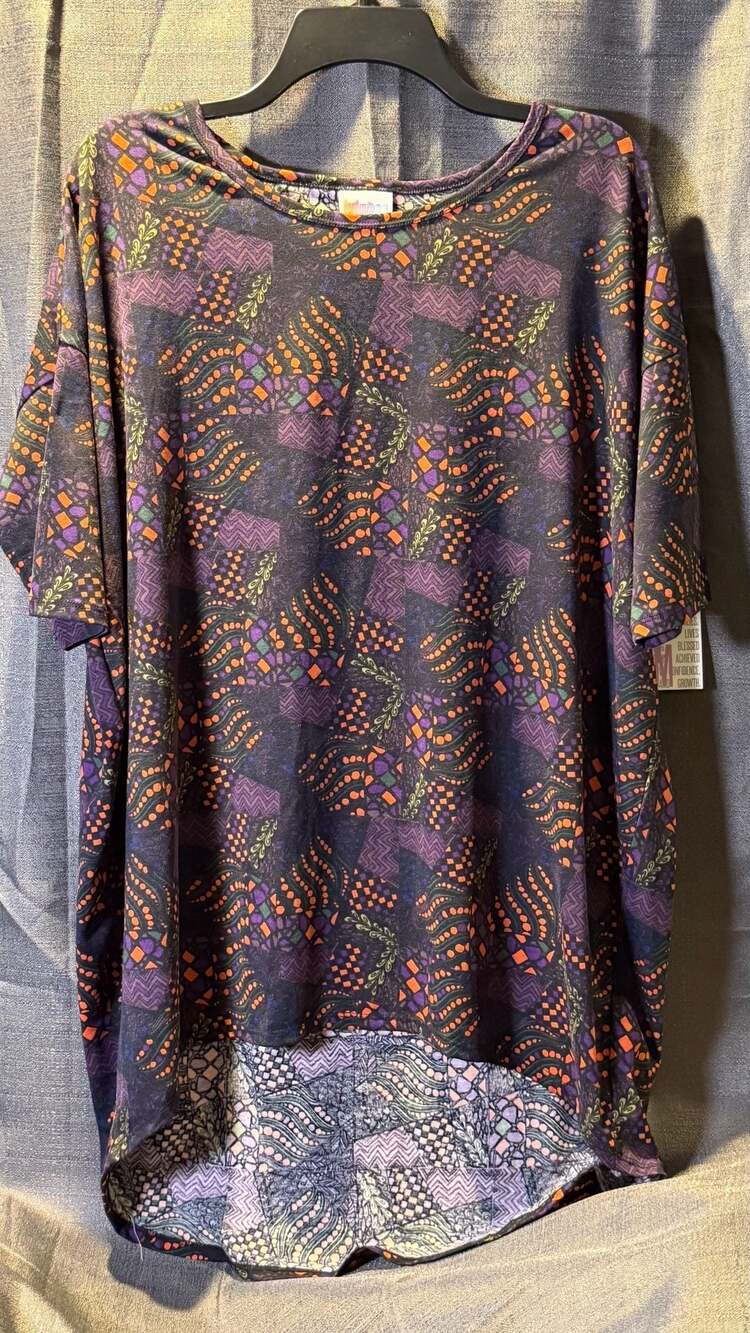 LuLaRoe Irma Tunic Shirt Medium M Black Purple Orange Print NWT